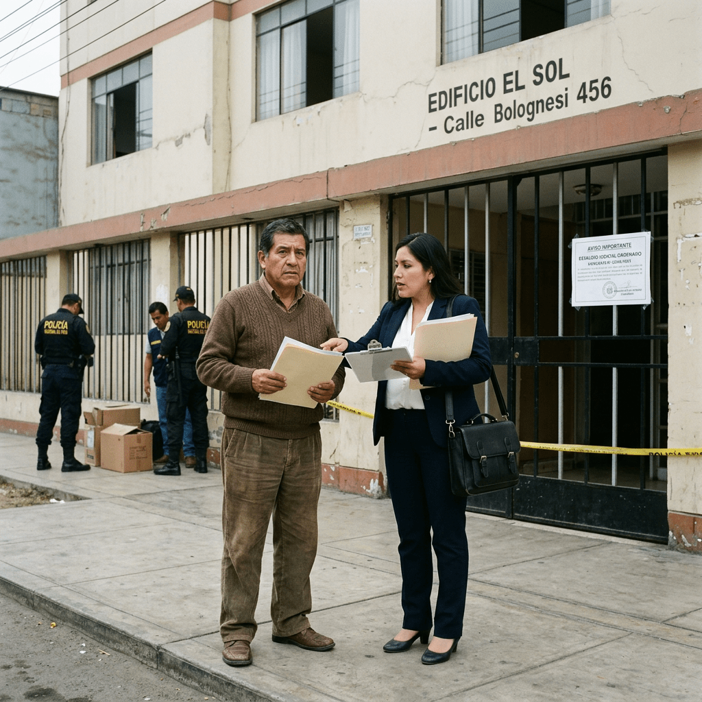 Two officials discussing documents outside a residential building with police officers nearby