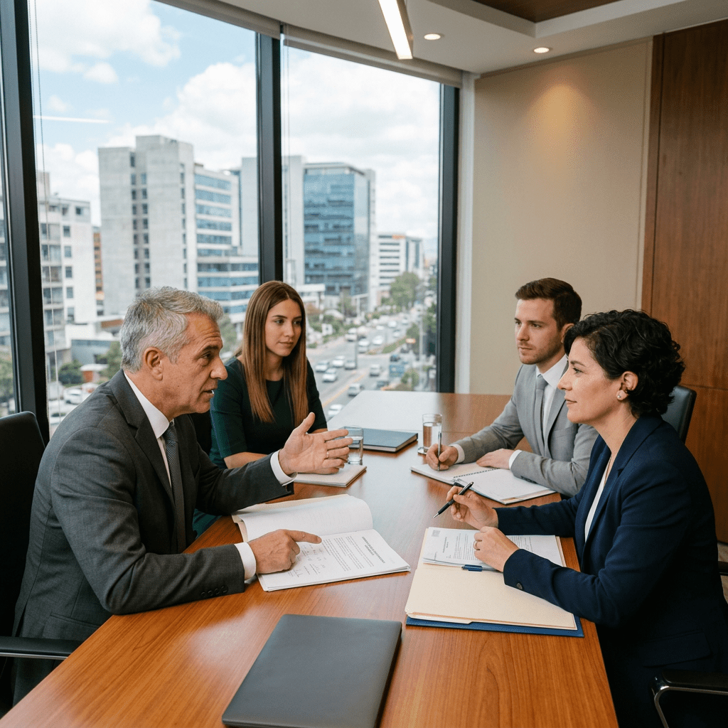 Four businesspeople sitting around a conference table discussing documents
