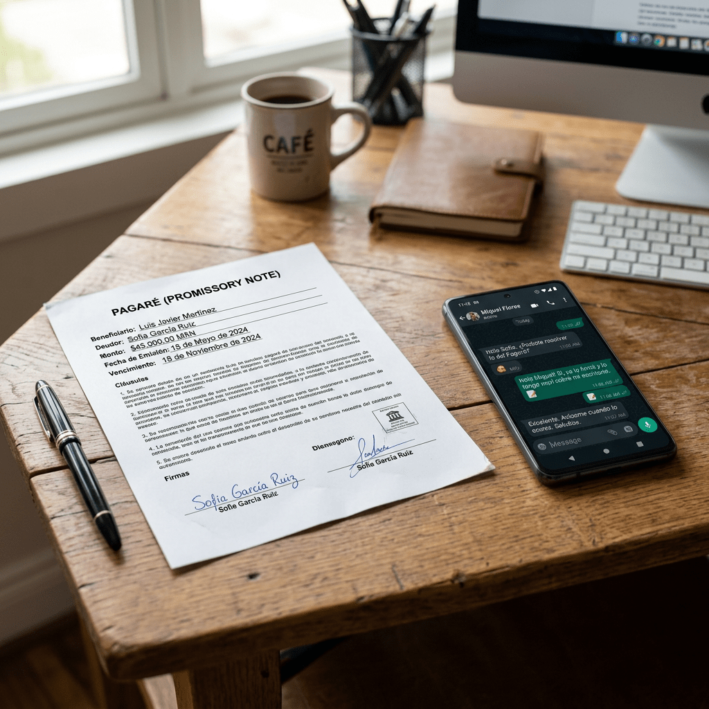 Signed promissory note document with handwritten signatures on wooden desk