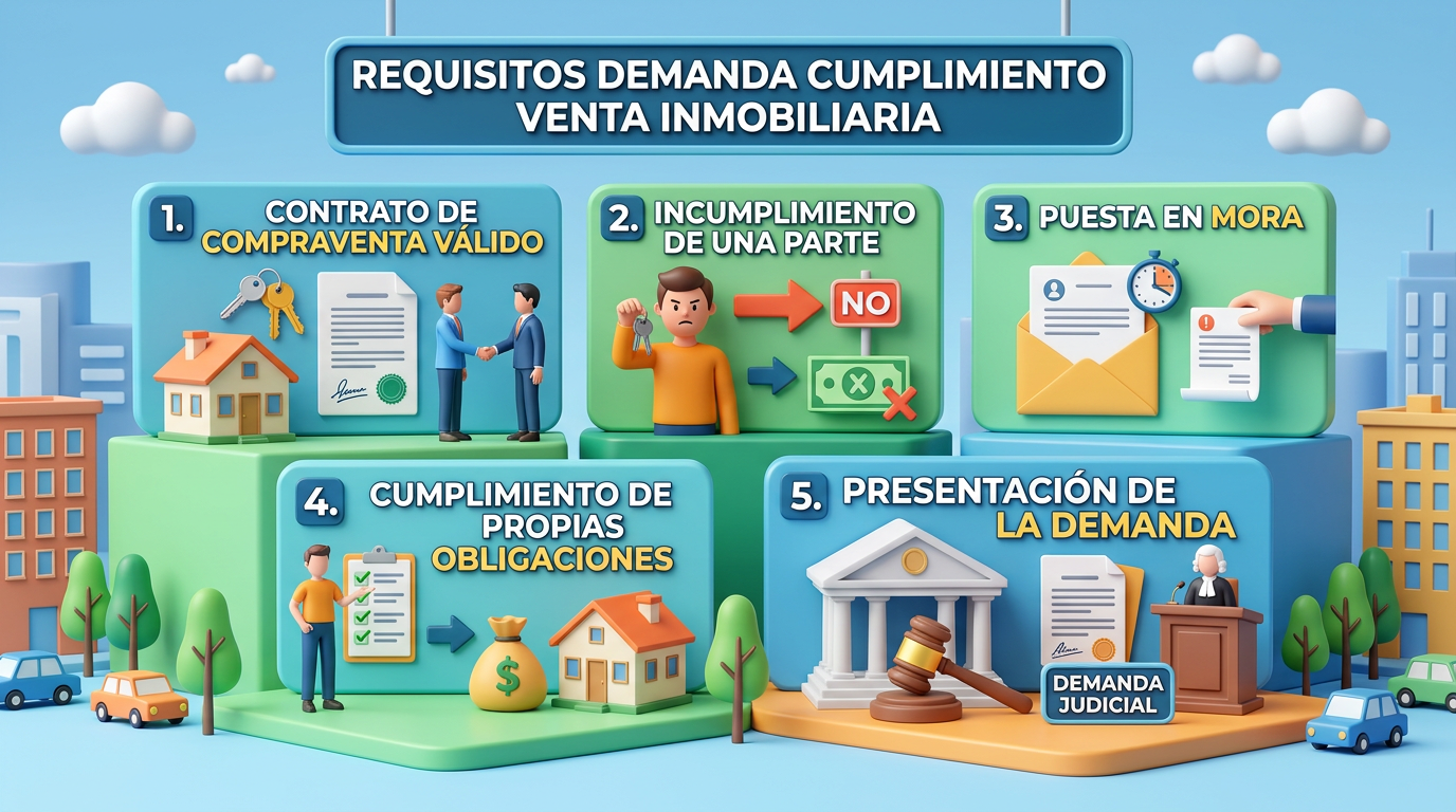 Steps for filing a real estate compliance lawsuit including valid contract, breach, default notice, obligations fulfillment, and judicial filing