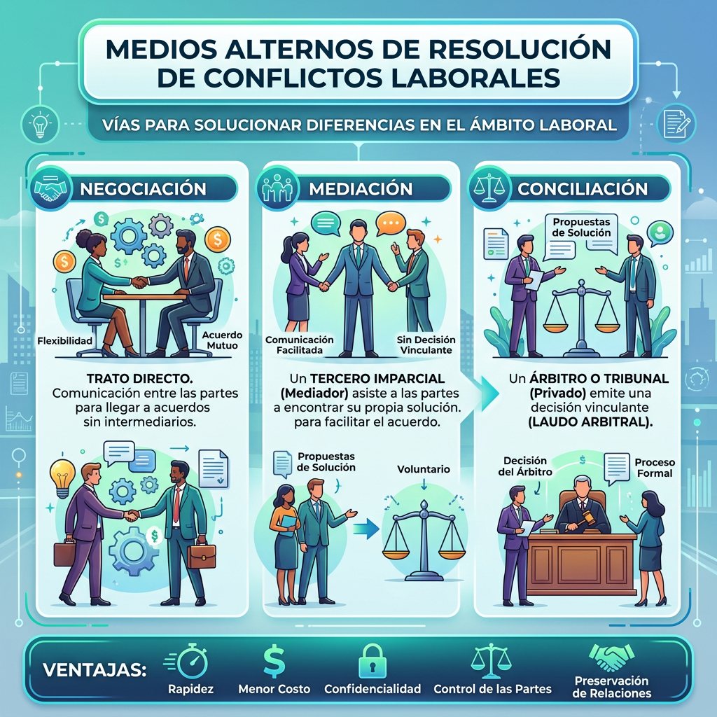 Diagram explaining negotiation, mediation, and conciliation to resolve labor conflicts.