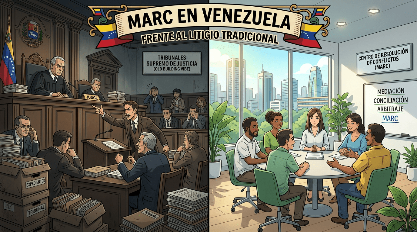 Traditional courtroom with judge and legal debate contrasted with a modern mediation meeting in Venezuela