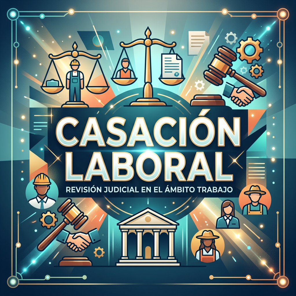 Scales of justice with workers and legal symbols around text 'Casación Laboral Revisión Judicial en el Ámbito Trabajo'