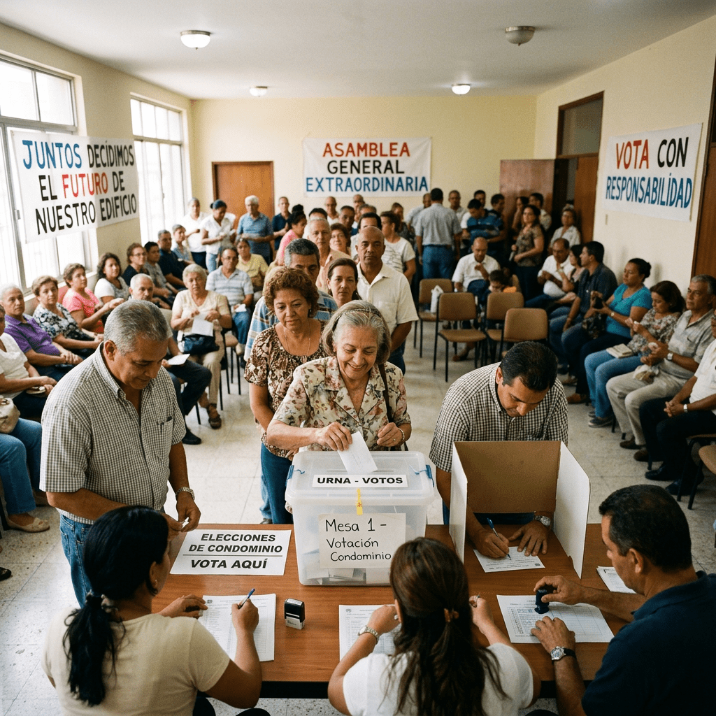 Community members lining up to vote in condominium election at a table with ballot box and election officials