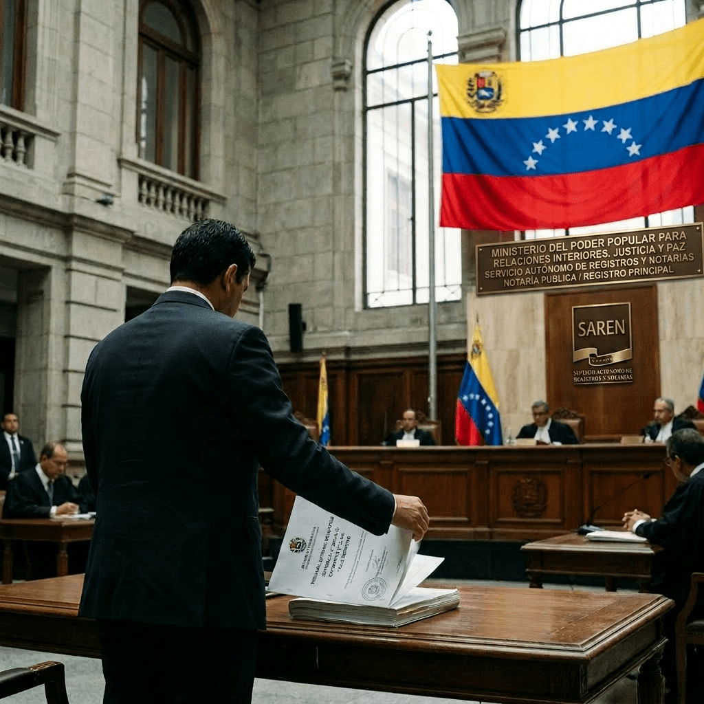 Man presenting official documents in a Venezuelan courtroom with judges and national flags