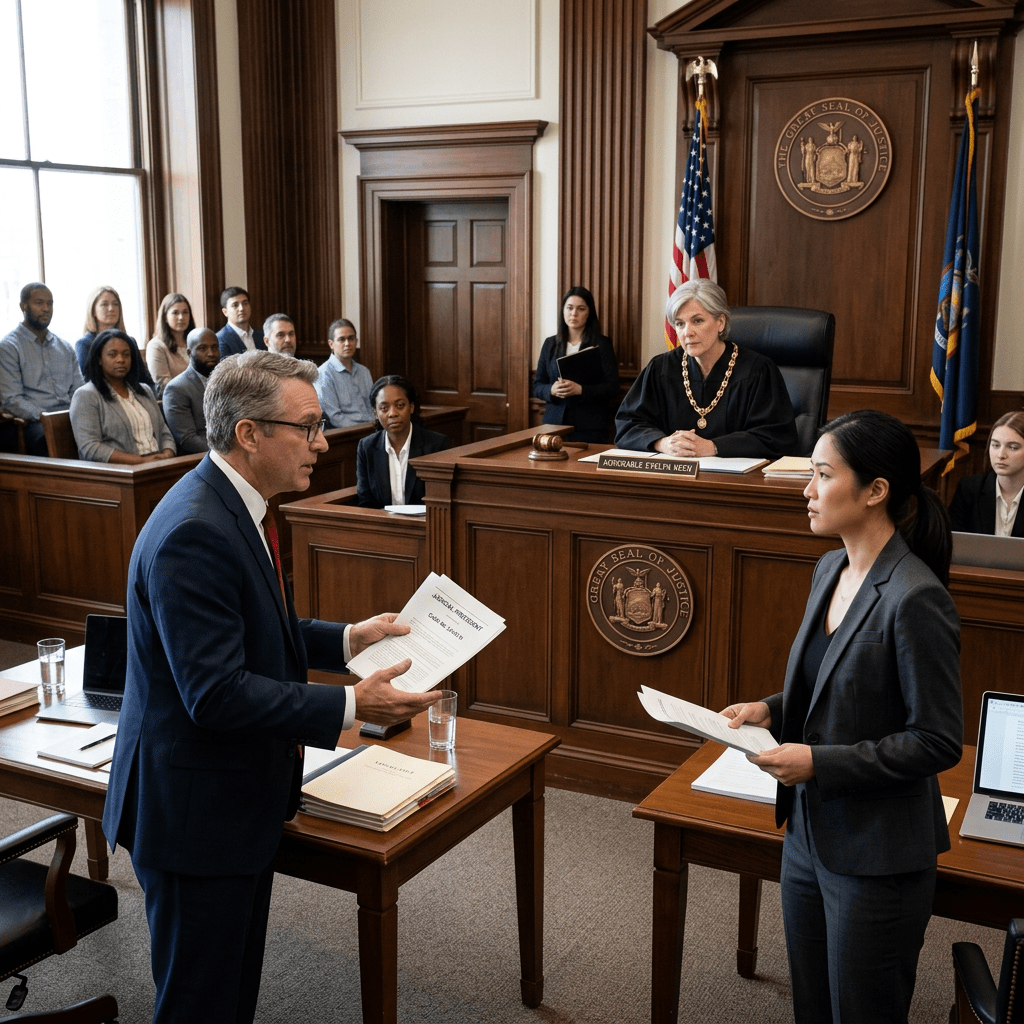 Judge presiding over courtroom with two attorneys presenting arguments