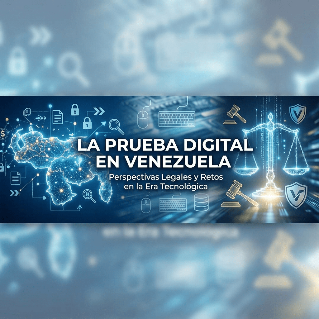 Map of Venezuela with digital network connections and legal icons with text about digital evidence in Venezuela.
