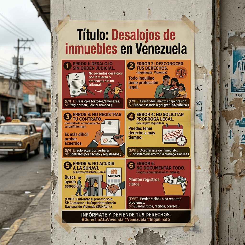 Poster listing six common eviction mistakes and advice to protect tenants' rights in Venezuela