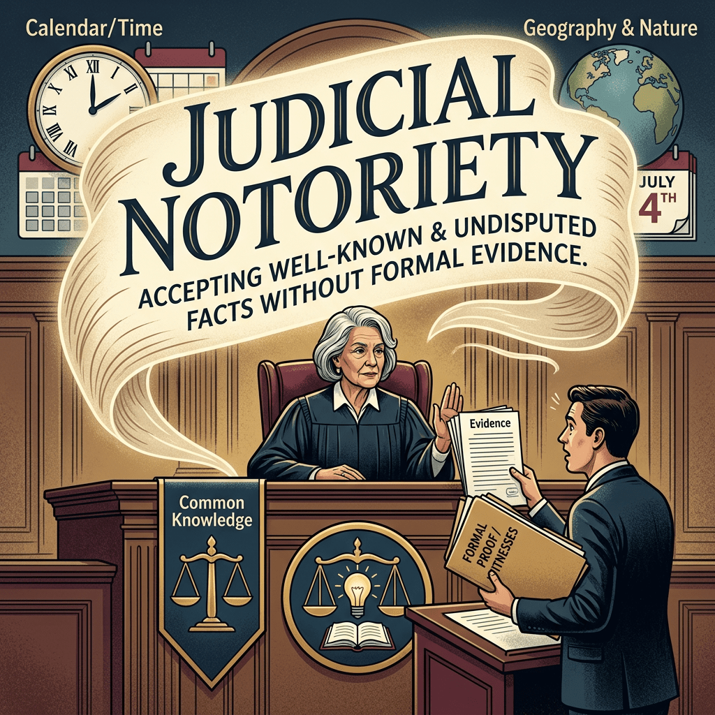 Judge in courtroom dismissing formal proof, emphasizing judicial notoriety as common knowledge