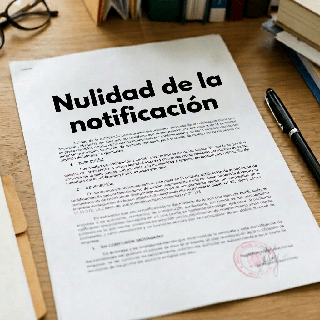Legal document titled 'Nullidad de la Notificación Fuera Domicilio Empresa' on a wooden desk with a pen