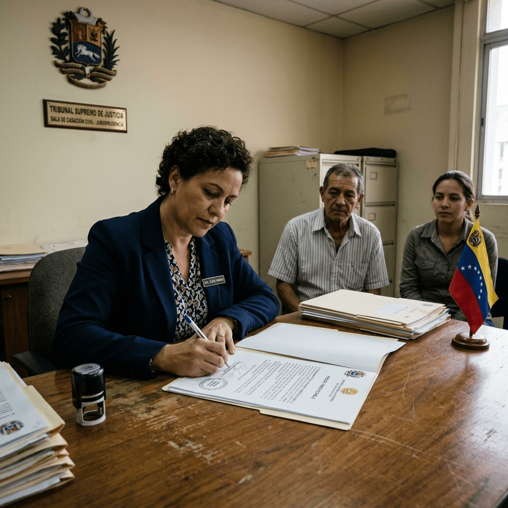 Judicial officer signing legal document at desk with two people watching