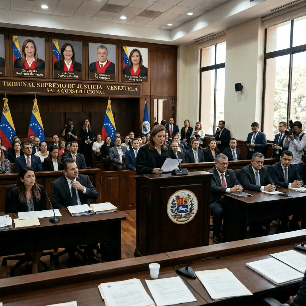 Woman reading a document at a podium in Costa Rica's Constitutional Court room
