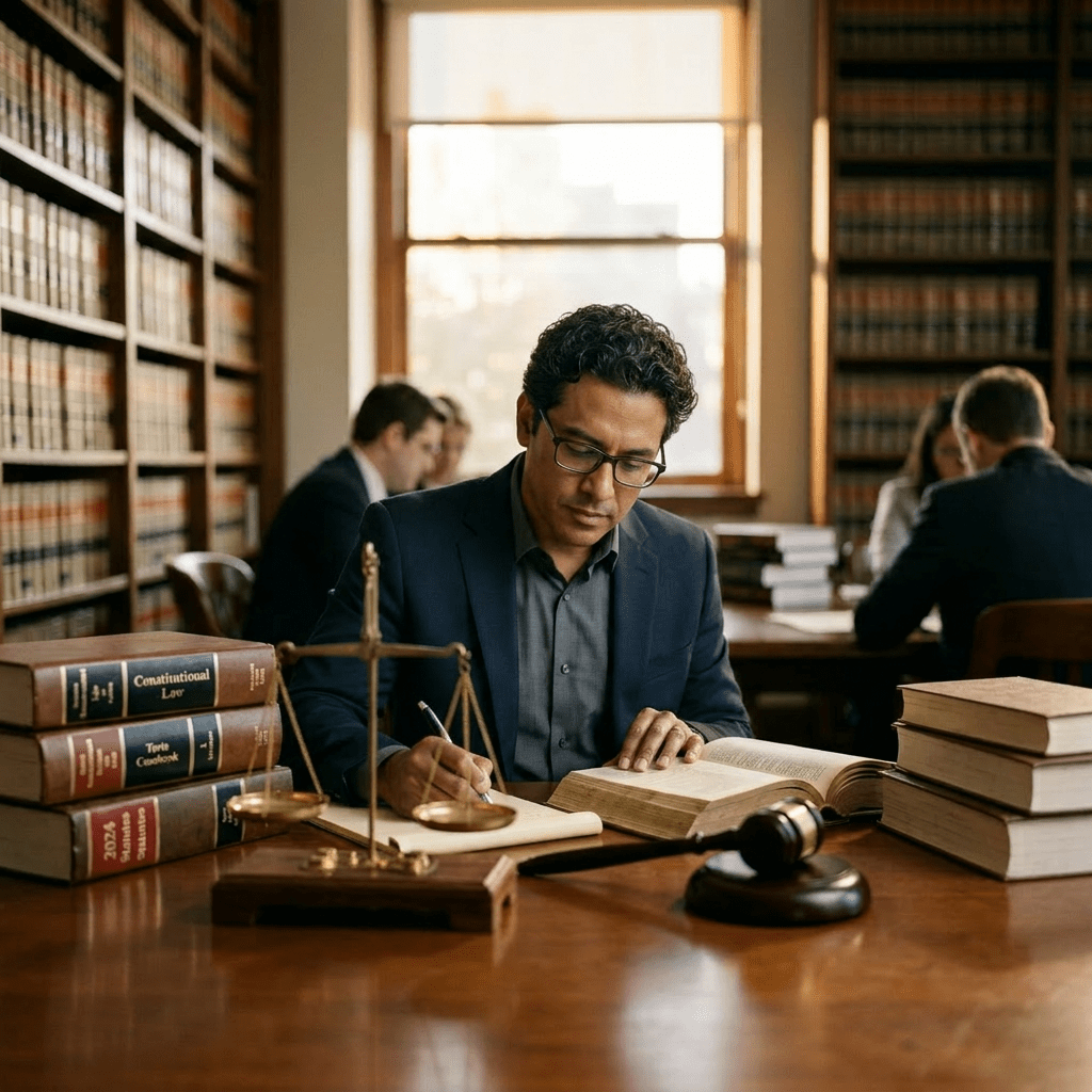 Ilustración de libros de Derecho y la balanza de la justicia representando el Decálogo del Abogado de Eduardo J. Couture, para el blog de Cedré Abogados.