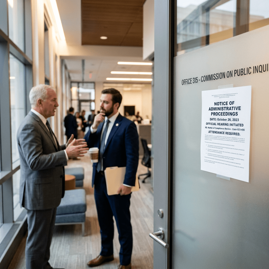 Two men in suits talking in an office corridor beside a door with a notice of administrative proceedings
