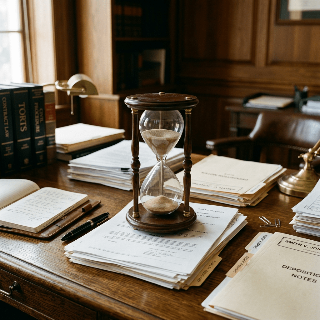 Hourglass on a wooden desk with legal documents and books around it