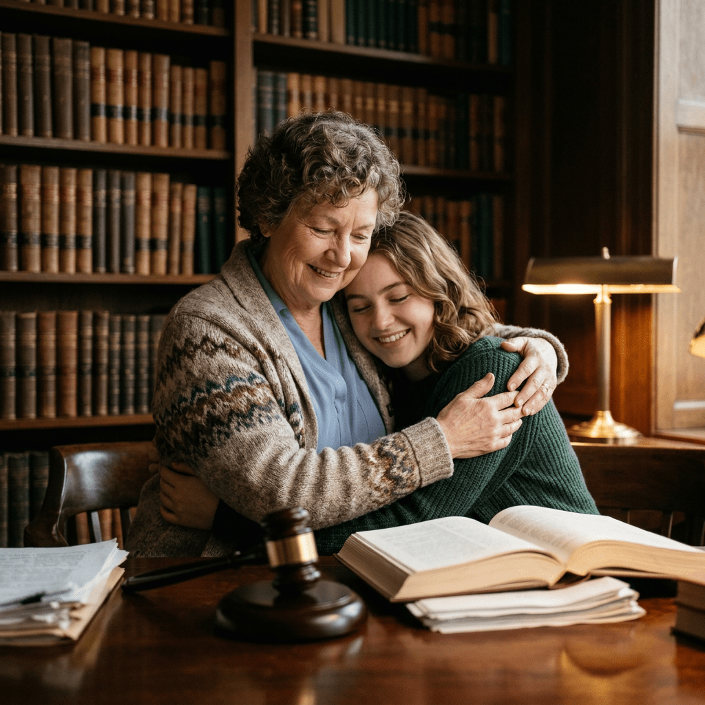 Older woman and young woman hugging warmly at a wooden table in a library with books and a judge's gavel