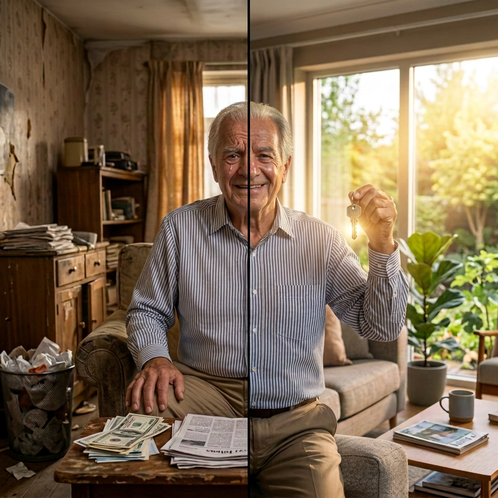 Elderly man holding house key with contrasting old and new home backgrounds