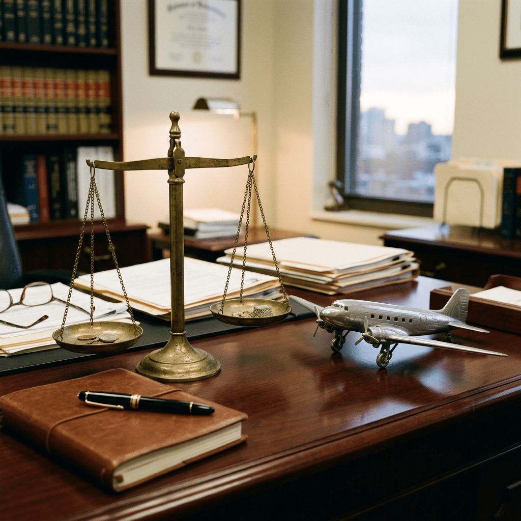 Balances scales with coins and weights on a law office desk with vintage airplane model