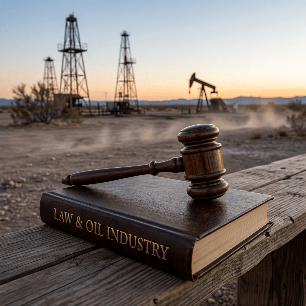 Gavel on law book titled 'Law & Oil Industry' with oil rigs in background at sunset
