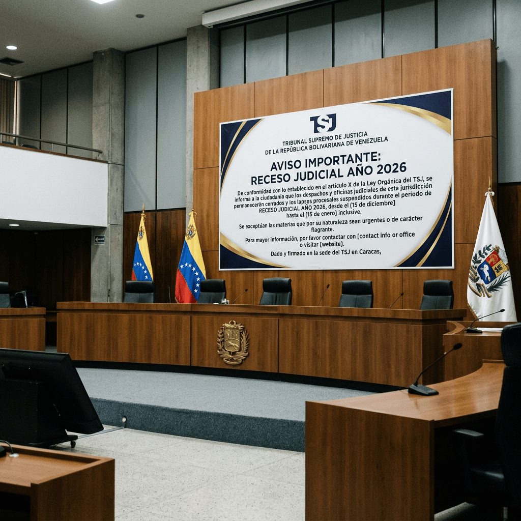 Sign detailing the 2026 judicial recess on a courtroom wall with Venezuelan flags and courtroom desks