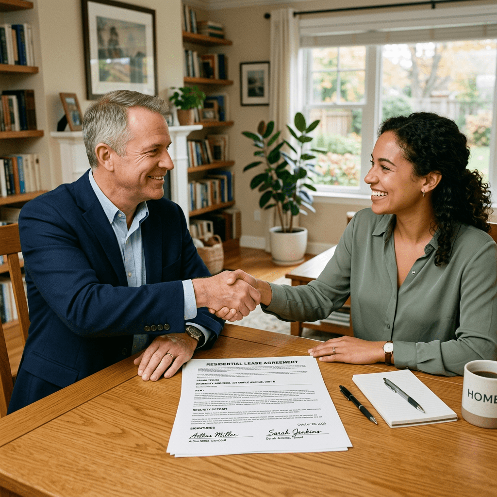 Two people shaking hands over a signed residential lease agreement on a wooden table