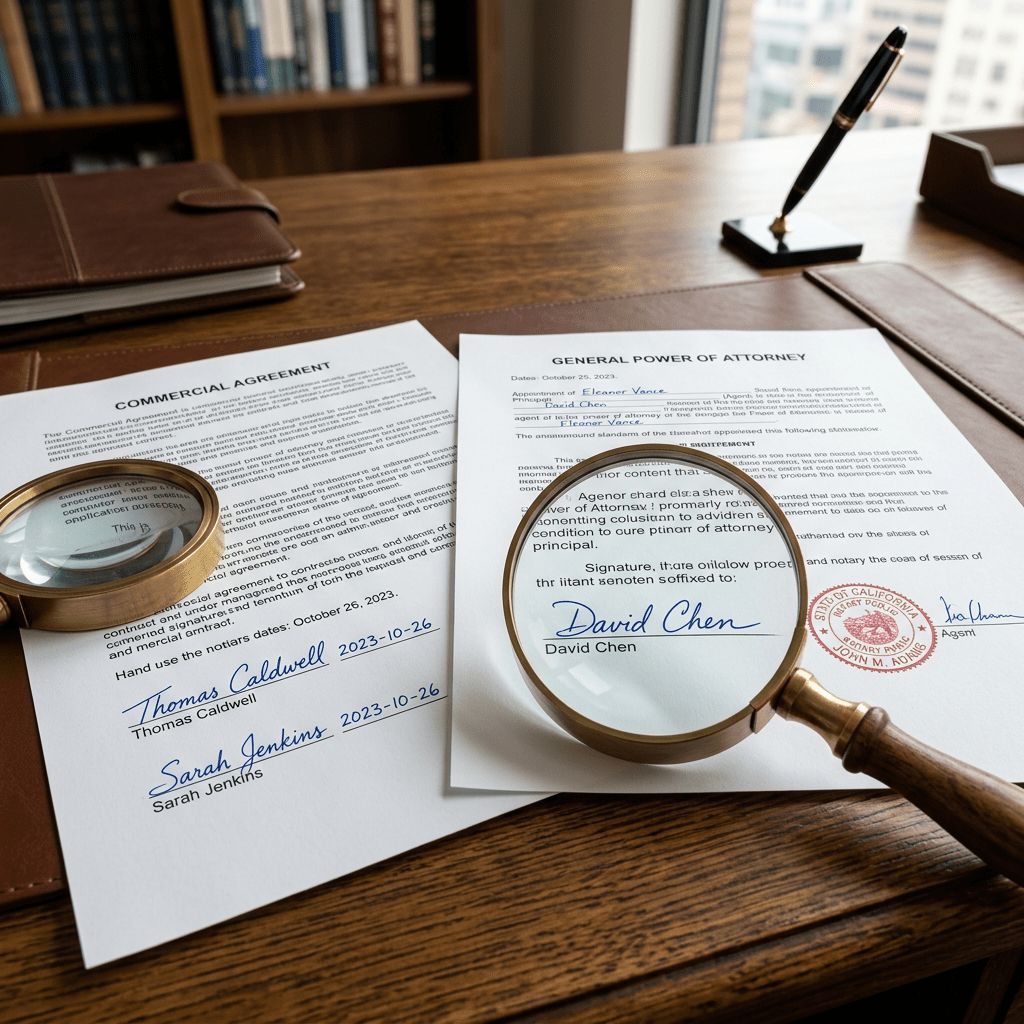 Commercial Agreement and General Power of Attorney documents with signatures, notary seal, and magnifying glass