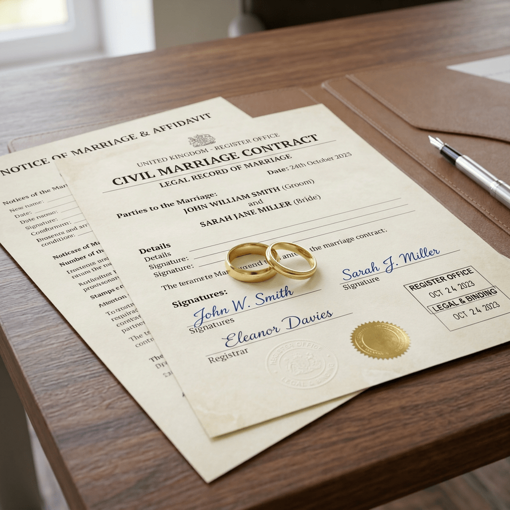 Golden wedding rings on official legal contracts