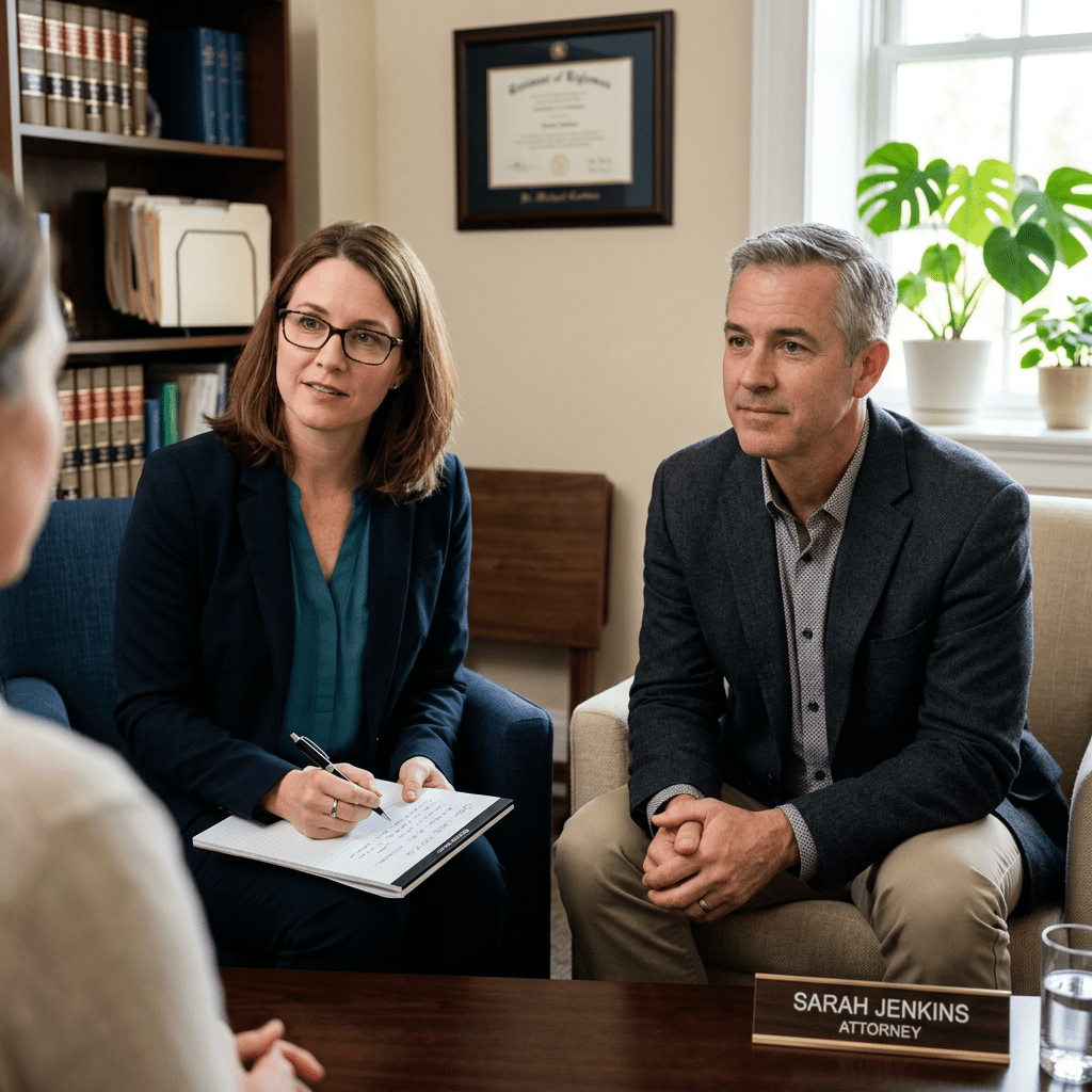 Attorney Sarah Jenkins taking notes during a client consultation