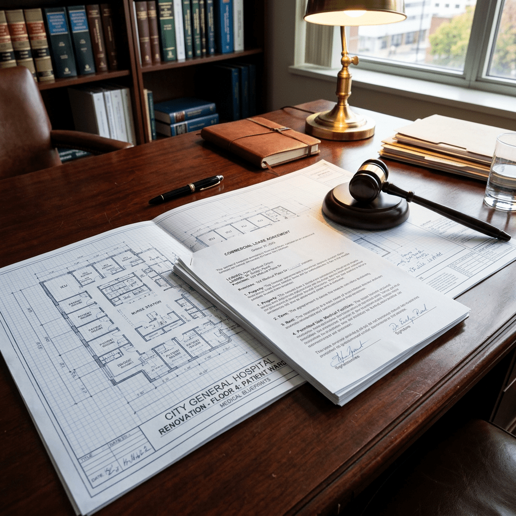 Hospital renovation blueprint labeled City General Hospital with legal document and gavel