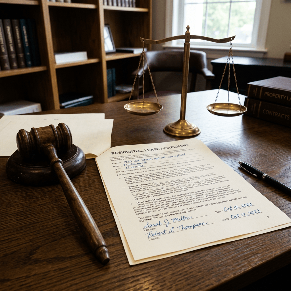 Residential Lease Agreement for 120 Oak Street, signed by Sarah J. Miller and Robert L. Thompson, dated Oct. 12, 2023, beside a gavel and legal scales