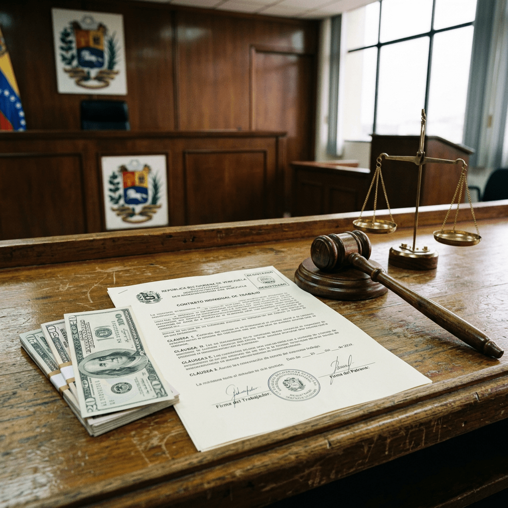 Venezuelan employment contract beside cash, gavel, and justice scales