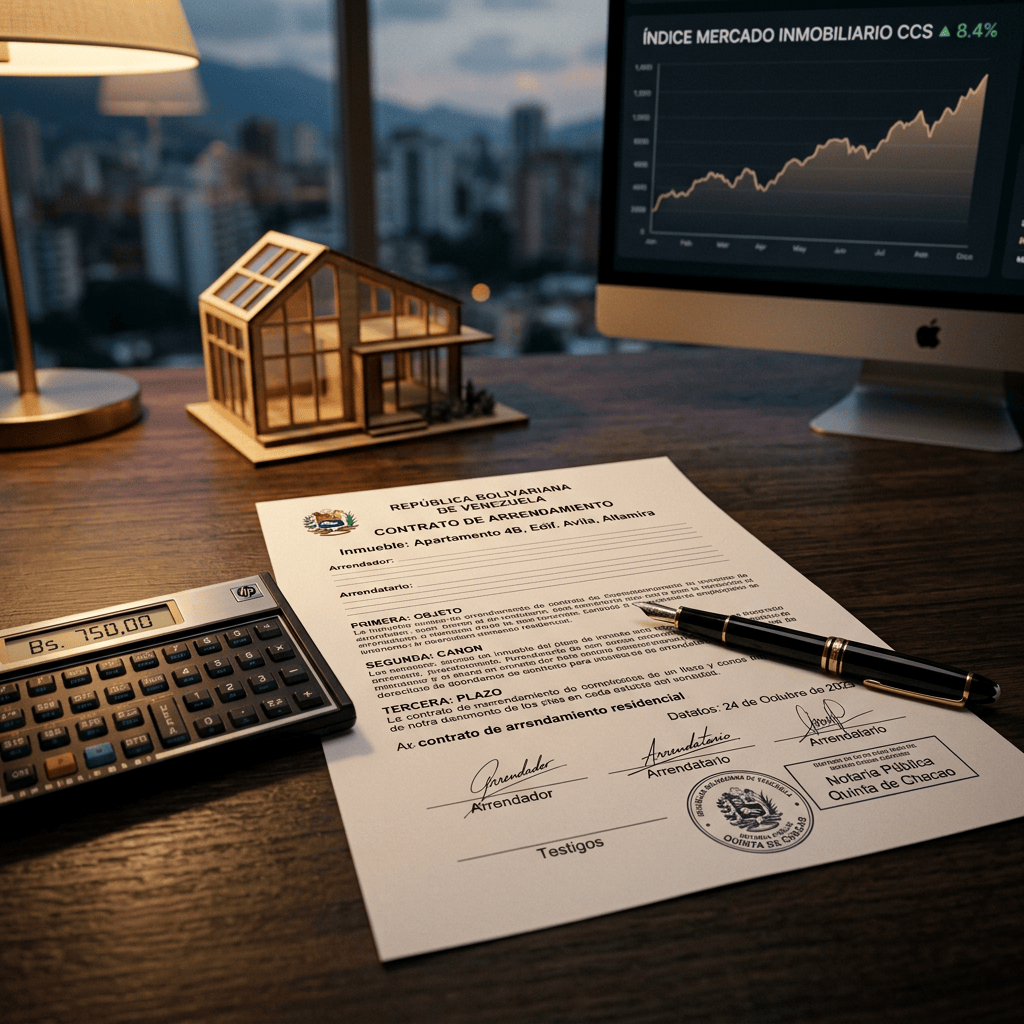 Contrato de arrendamiento venezolano junto a calculadora, maqueta y gráfico inmobiliario ascendente
