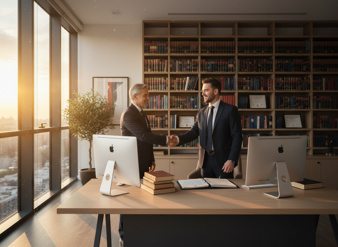 Two professional lawyers in a bright, modern office shaking hands across a desk. High resolution, sharp details, vibrant and warm colors — golden hour light streaming through large windows. Clean, contemporary legal office setting with bookshelves, documents, and a confident professional atmosphere. Photorealistic style.