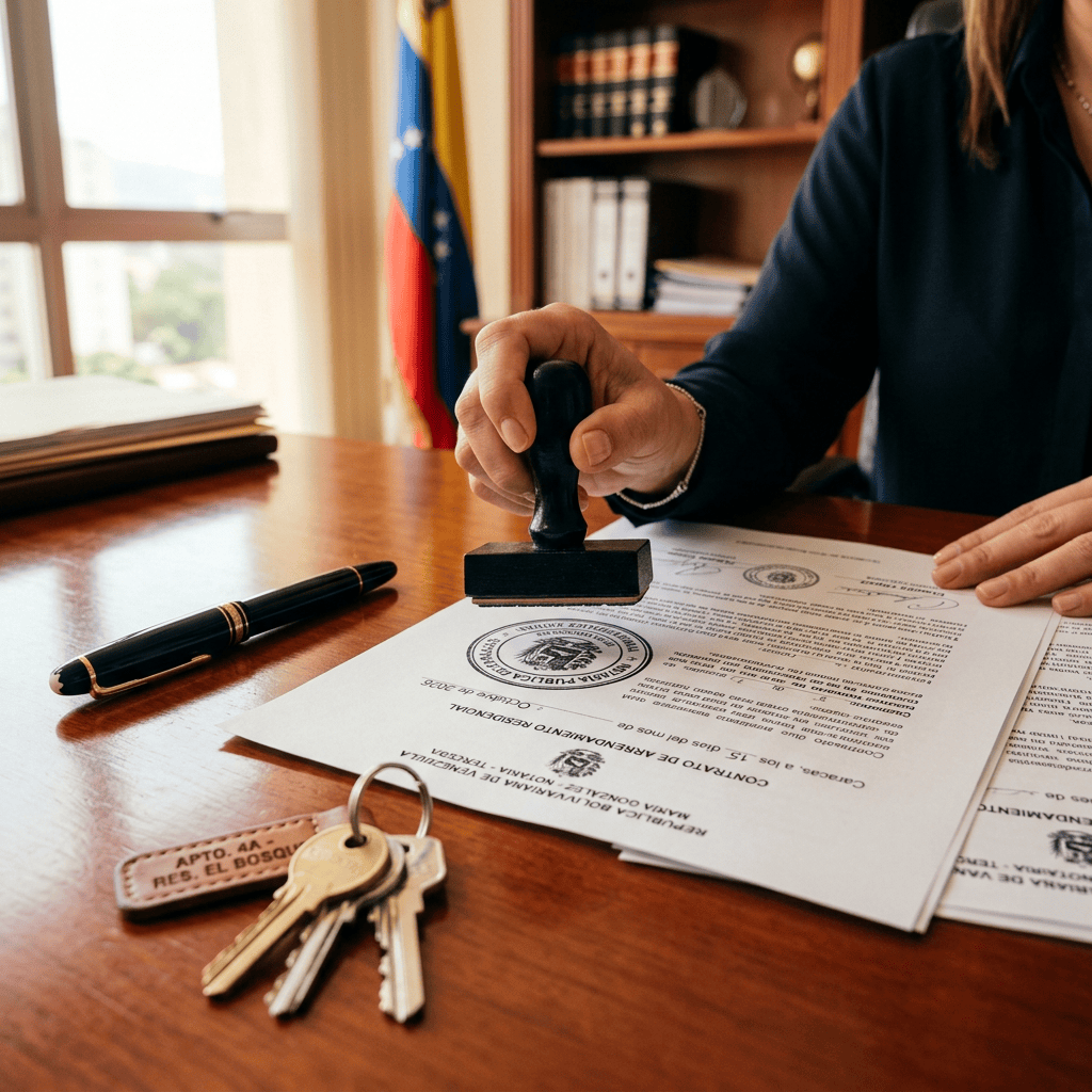 Person stamping a Spanish residential lease beside keys and a pen