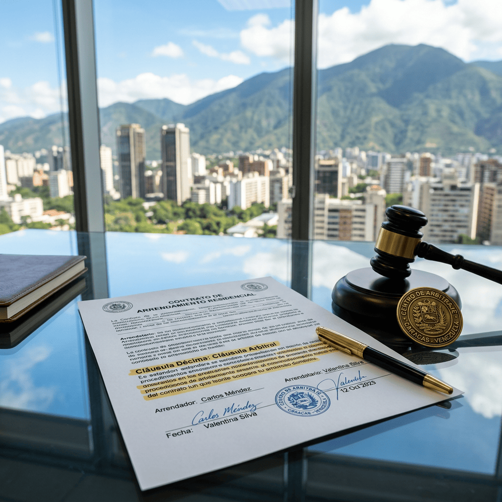Signed Spanish residential lease agreement, pen, and arbitration gavel overlooking Caracas