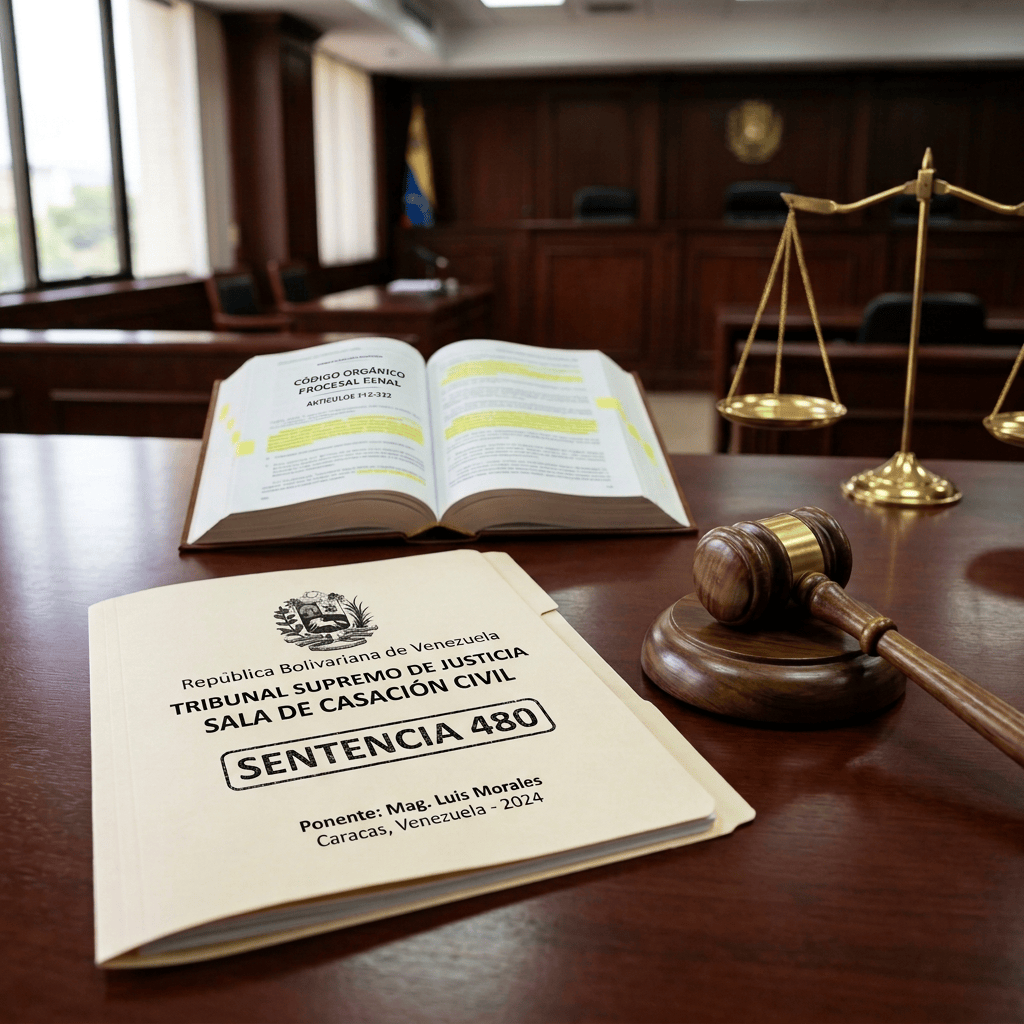 Venezuelan Supreme Court document reading “Sentencia 480,” beside a legal code, gavel, and scales