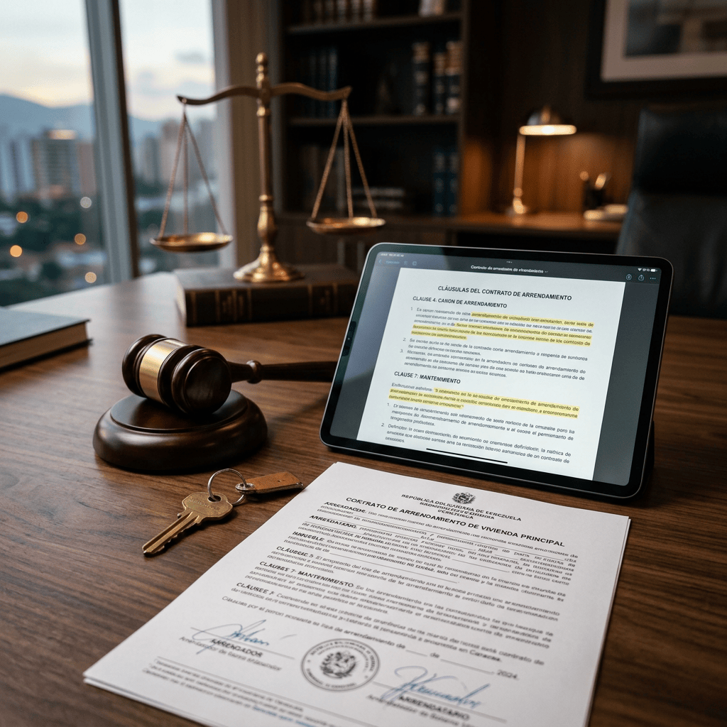 Spanish rental agreement beside tablet, gavel, keys, and legal scales