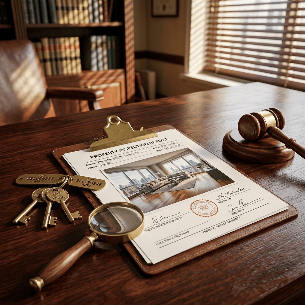 Property inspection report labeled Belvedere beside keys, magnifying glass, and gavel