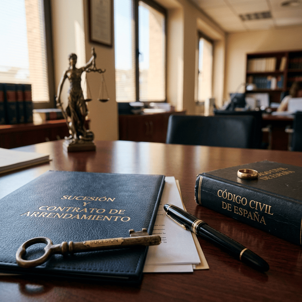 Legal desk with texts “SUCESIÓN CONTRATO DE ARRENDAMIENTO” and “CÓDIGO CIVIL DE ESPAÑA”